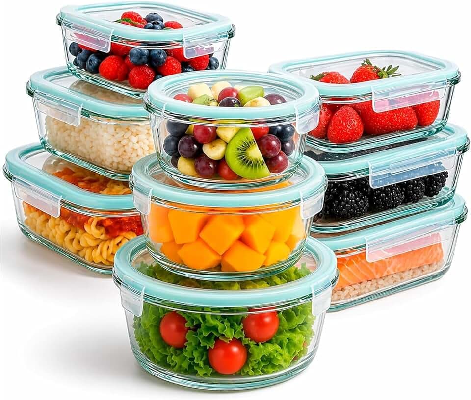 edihome, Contenitori Ermetici per Alimenti Vetro, 8,14 o 18 pezzi (contenitori + coperchi), a tenuta d'aria, a prova di perdite - Senza BPA, approvato dalla FDA e dal FSC (9 contenitori)