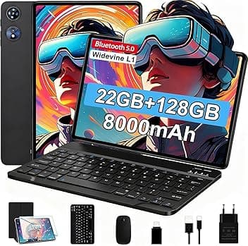 Tablet Android Tablet 10 pollici 22 GB RAM+128 GB ROM (espandibile 1T), Octa-Core 2.0 Ghz, WiFi 6/5G/2.4G, Widevine L1, 8000 mAh, 1080P, 5 MP + 8 MP, Bluetooth 5.0, Touch, Tastiera+Mouse e Caso-Nero