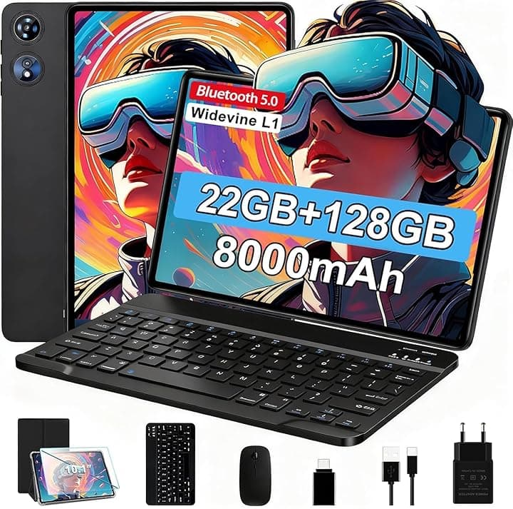 Tablet Android Tablet 10 pollici 22 GB RAM+128 GB ROM (espandibile 1T), Octa-Core 2.0 Ghz, WiFi 6/5G/2.4G, Widevine L1, 8000 mAh, 1080P, 5 MP + 8 MP, Bluetooth 5.0, Touch, Tastiera+Mouse e Caso-Nero