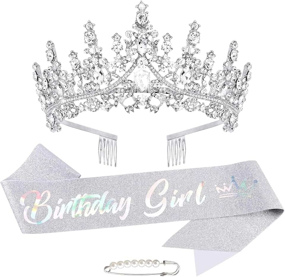Fascia Corona Compleanno Donna Tiara Coronas da Regina con Strass e Spilla con Perla Diadema Glitter “Birthday Girl” Sash Compleanno Decorazione Regalo Ragazze Accessori per Feste