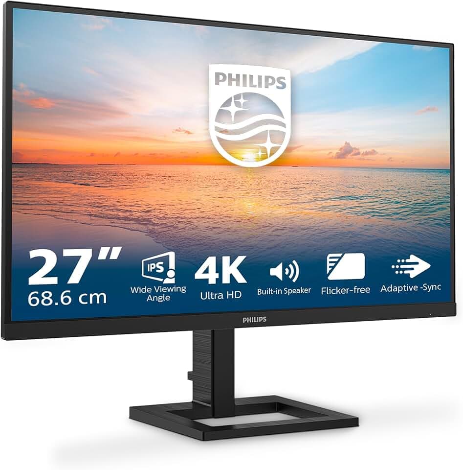 Philips 27E1N1800AE - Monitor Ultra HD da 27 pollici, altoparlanti, altezza regolabile, HDR10 (3840x2160, 60 Hz, HDMI 2.0, DisplayPort 1.4) nero, 2023, altoparlante integrato