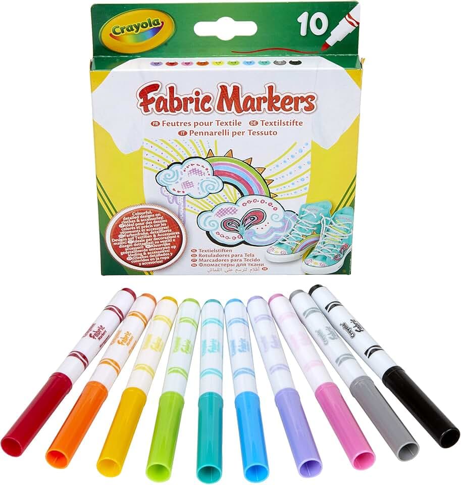 CRAYOLA – Pennarelli per tessuti, 10 pezzi, rosso, rosa, arancione, giallo, violetto, verde chiaro, blu, azzurro, grigio, nero, Per decorare magliette e oggetti in tessuto, 58-8633