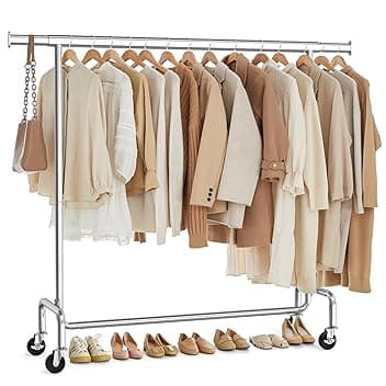 SONGMICS Stand Appendiabiti con Rotelle, Portabiti per Carico Pesante, Barra Estensibile, Portata 130 kg, 45 x (110-150) x 162,9 cm, Metallo Cromato, Colore Argento HSR11S