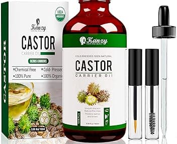 Kanzy Olio di Ricino per Ciglia e Sopracciglia 100ml Olio di Ricino per Capelli, Unghie, Pelle e Barba 100% Pura Biologico Castor Oil con Set di Pennelli USDA Organic