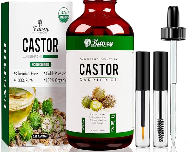 Kanzy Olio di Ricino per Ciglia e Sopracciglia 100ml Olio di Ricino per Capelli, Unghie, Pelle e Barba 100% Pura Biologico Castor Oil con Set di Pennelli USDA Organic