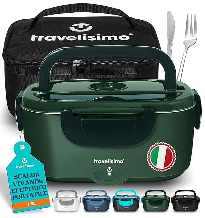 TRAVELISIMO Scaldavivande Elettrico Portatile 100W 1,5L Porta Pranzo Termico 220V/12V/24V Scalda Vivande Portatile Elettrico, Viaggio e Lavoro Portavivande Termico & Portapranzo Termico per Alimenti