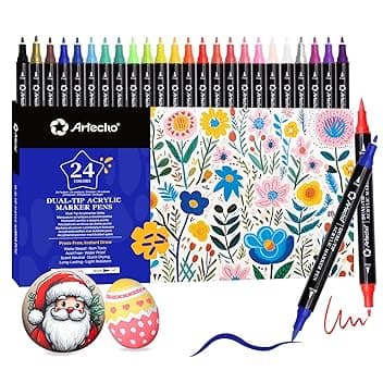 Artecho Pennarelli Acrilici Doppia Punta 24 Colori, Acrylic Marker con Pennello e Punta Fine, Ideali per Sassi, Legno,Tessuti, Tela, Carta, Vetro, Ceramica