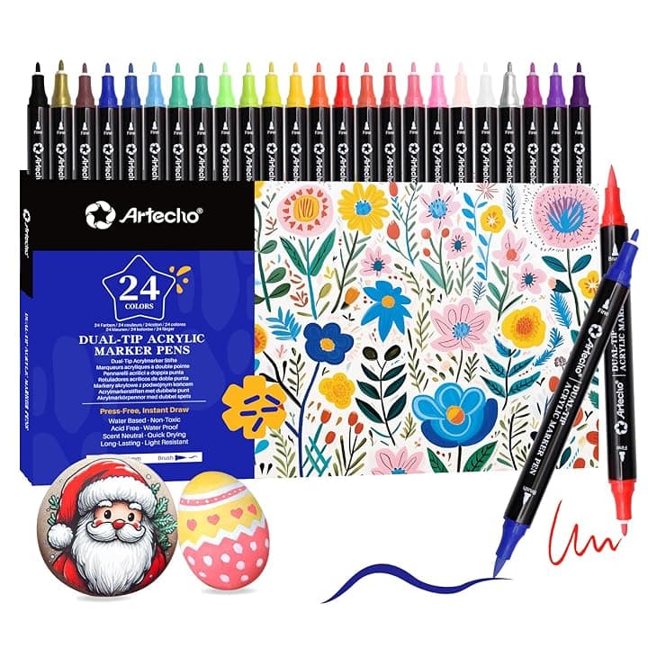 Artecho Pennarelli Acrilici Doppia Punta 24 Colori, Acrylic Marker con Pennello e Punta Fine, Ideali per Sassi, Legno,Tessuti, Tela, Carta, Vetro, Ceramica