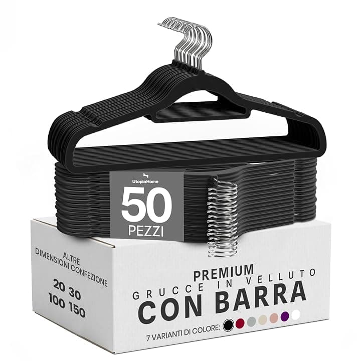 Utopia Home Grucce Velluto con barra cravatte (Nero, Set da 50)