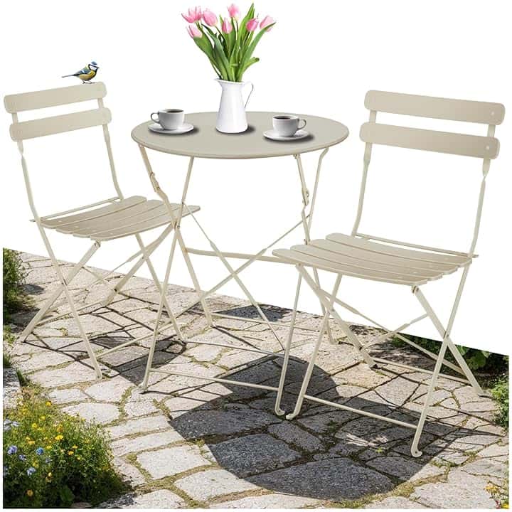 tectake® Set Bistrot Pieghevole Per 2 Persone con Telaio in Acciaio, Set Tavolo e Sedie Da Giardino, Tavolo con Sedie per Balcone e Terrazzo, Salottino da Esterno Design Elegante - Cappuccino