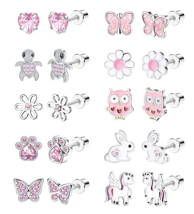 LOLIAS 10 Pairs Carino Vite Indietro Orecchini Donne Ragazze In Acciaio Inox Multicolore Cuore Fiore Farfalla Arcobaleno CZ Orecchini Anallergico Screwback Orecchino Della Vite Prigioniera