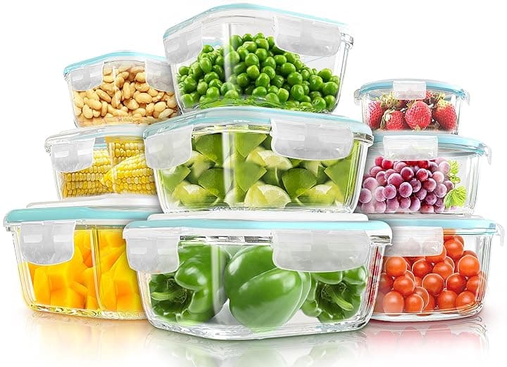 KICHLY Set di contenitori in vetro per la conservazione degli alimenti - 18 pezzi (9 contenitori e 9 coperchi) - A tenuta d'aria, a prova di perdite - Senza BPA