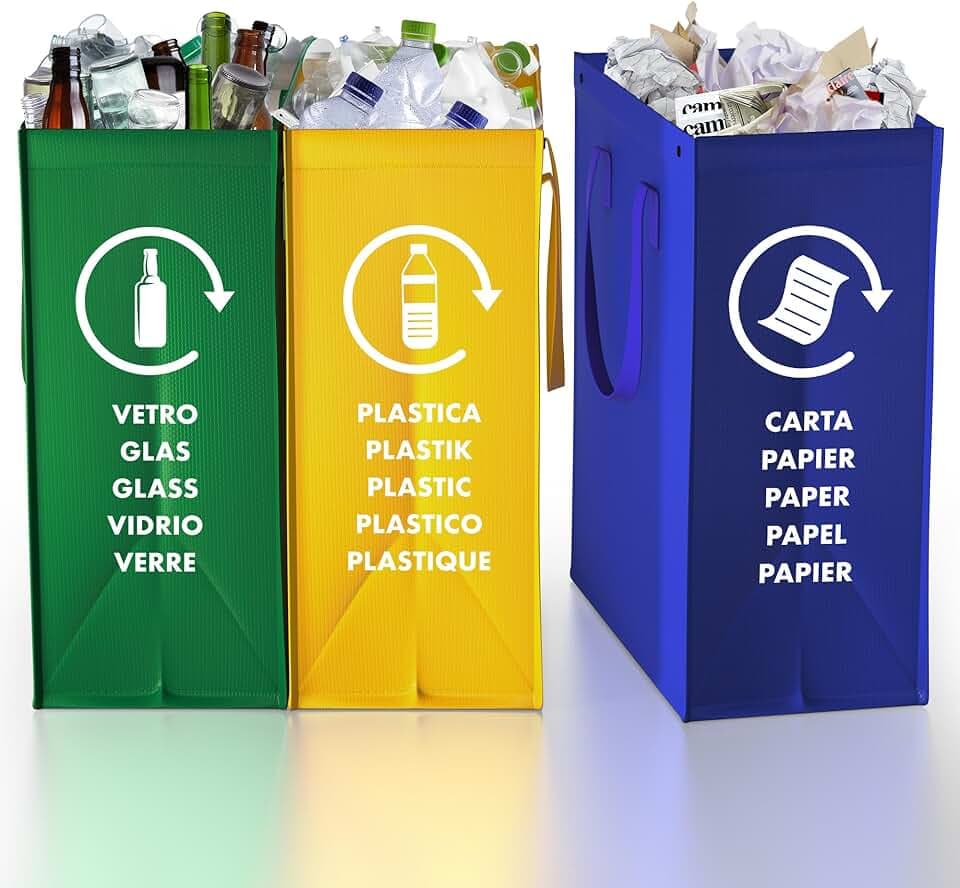 Borse Raccolta Differenziata - 3 Bidoni Differenziata da Interno ed Esterno per Carta, Plastica e Vetro - Set Pattumiera Differenziata 3 Scomparti - Pattumiera Sottolavello