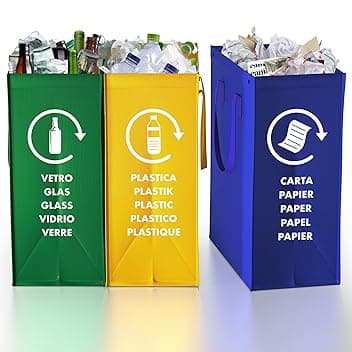 Borse Raccolta Differenziata - 3 Bidoni Differenziata da Interno ed Esterno per Carta, Plastica e Vetro - Set Pattumiera Differenziata 3 Scomparti - Pattumiera Sottolavello
