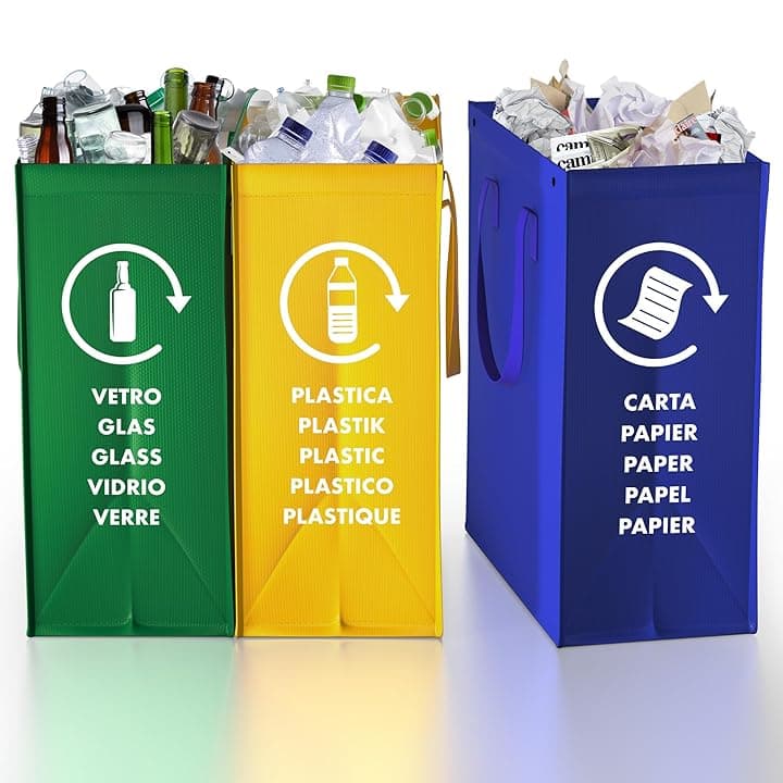 Borse Raccolta Differenziata - 3 Bidoni Differenziata da Interno ed Esterno per Carta, Plastica e Vetro - Set Pattumiera Differenziata 3 Scomparti - Pattumiera Sottolavello