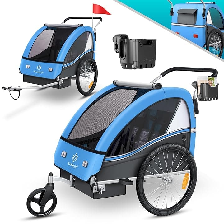 KESSERยฎ Sport-RX - Rimorchio per bicicletta 2 in 1, per chi fa jogging, per bambini + cintura di sicurezza a 5 punti, rotella anteriore orientabile a 360ยฐ, da 1 a 2 bambini, massimo 40 kg