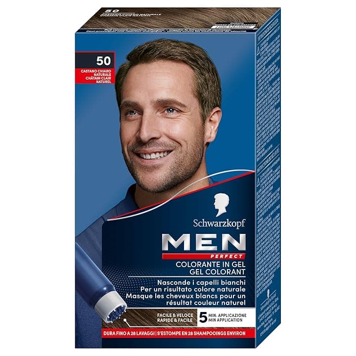 Schwarzkopf, Men Perfect, Tinta Copertura dei Capelli Bianchi, Colorante in Gel, Tonalità 50 Castano Chiaro Naturale
