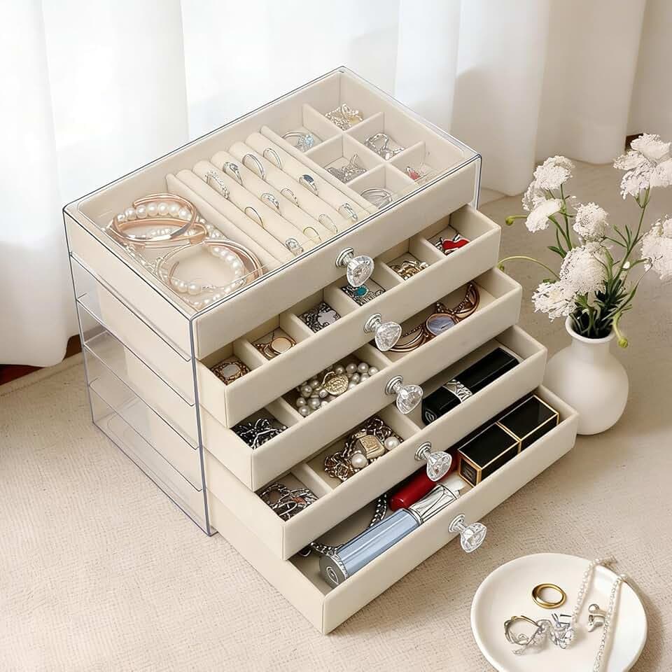 VirtuGro VirtuGro 5 Piani Portagioie Donna da Camera Porta Gioie con Guscio in Acrilico Trasparente Porta Gioielli da Comodino Jewelry Organizer Portagioie Grande Regali per Orecchini Collane Anelli (Beige)