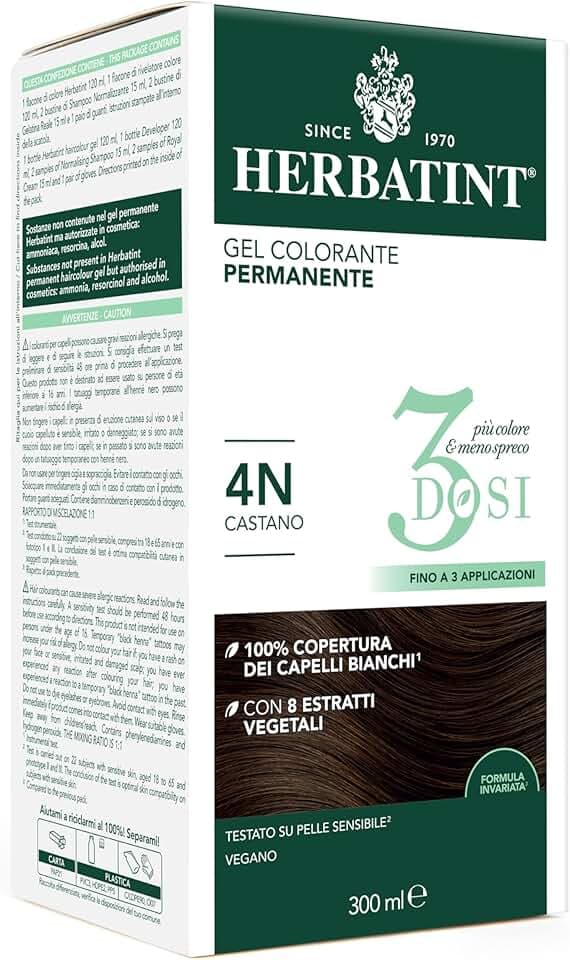 Herbatint Gel Colorante Permanente 3Dosi, 300ml - 4N Castano, Senza Ammoniaca, per Pelli Sensibili, 100% Copertura Capelli Bianchi, con 8 Estratti Naturali Bio