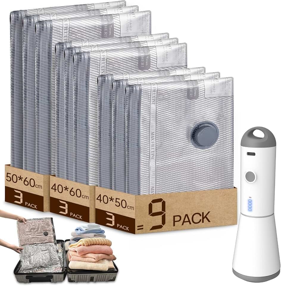 Vacbird Sacchetti Sottovuoto Vestiti con Pompa Sottovuoto Senza Fili, 9 Pezzi (3 * 40x50cm, 3 * 40x60cm, 3 * 50x60cm), Riutilizzabile Buste Sottovuoto Vestiti da Viaggio per Maglioni, Camicia, Viaggi