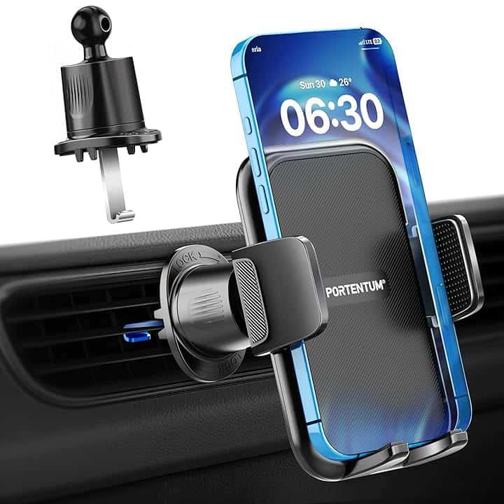 PORTENTUM Porta cellulare auto con gancio per presa d’aria – Nuova versione 2026 – Triplo aggancio – Rotazione 360° orientabile – portatelefono da automobile compatibile con telefoni da 4 a 7,5"