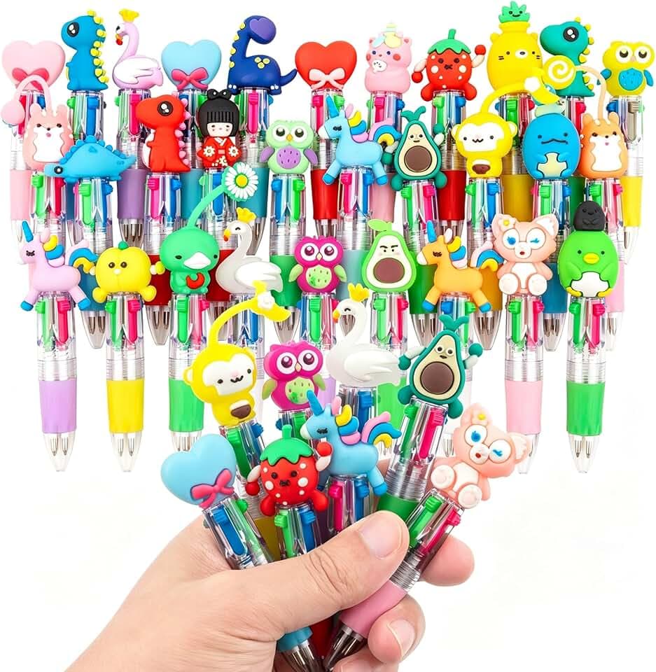 30 Penne Multicolore e Penna Multicolore 4 Colori con Adorabili Animali Kawaii - Ideali per Compleanni, Feste, Regali e Gadget