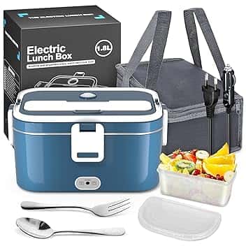 Scaldavivande Elettrico Portatile, 120W 1.8L Portavivande Termico, 3 in 1(12V/24V/240V) Porta Pranzo Termico per Auto Camion e Ufficio Lunch Box Elettrico con Forchetta Cucchiaio e Borsa