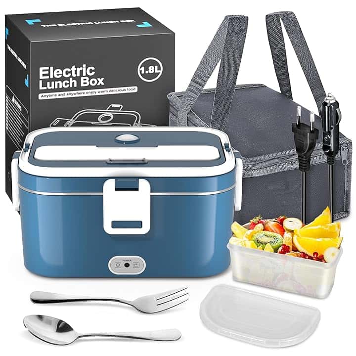 Scaldavivande Elettrico Portatile, 120W 1.8L Portavivande Termico, 3 in 1(12V/24V/240V) Porta Pranzo Termico per Auto Camion e Ufficio Lunch Box Elettrico con Forchetta Cucchiaio e Borsa