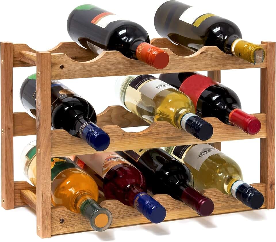 Relaxdays Portabottiglie di Vino, Cantinetta in Legno di Noce, 3 Ripiani,12 Bottiglie, Naturale, Marrone, 42x21x28 cm