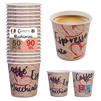 Caffetti 50 Bicchierini Caffè 90 ml, Bicchieri Made in Italy Monouso per Espresso, Macchiato, Bevande Calde, Tè, The, Cioccolata, Usa e Getta, Asporto, Ufficio, a Tema Cuore - 3 oz
