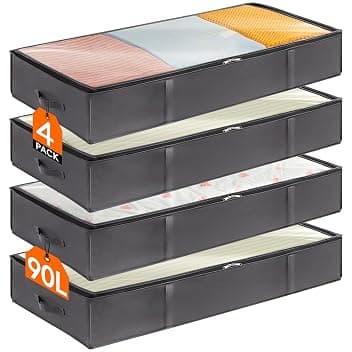 Lifewit Confezione da 4 Contenitori Portaoggetti Sottoletto per Coperte con Maniglia Rinforzata, Organizer per Piumoni, Lenzuola, Vestiti per Camera da Letto, Armadio, Grigio Recycled Claim Standard 100