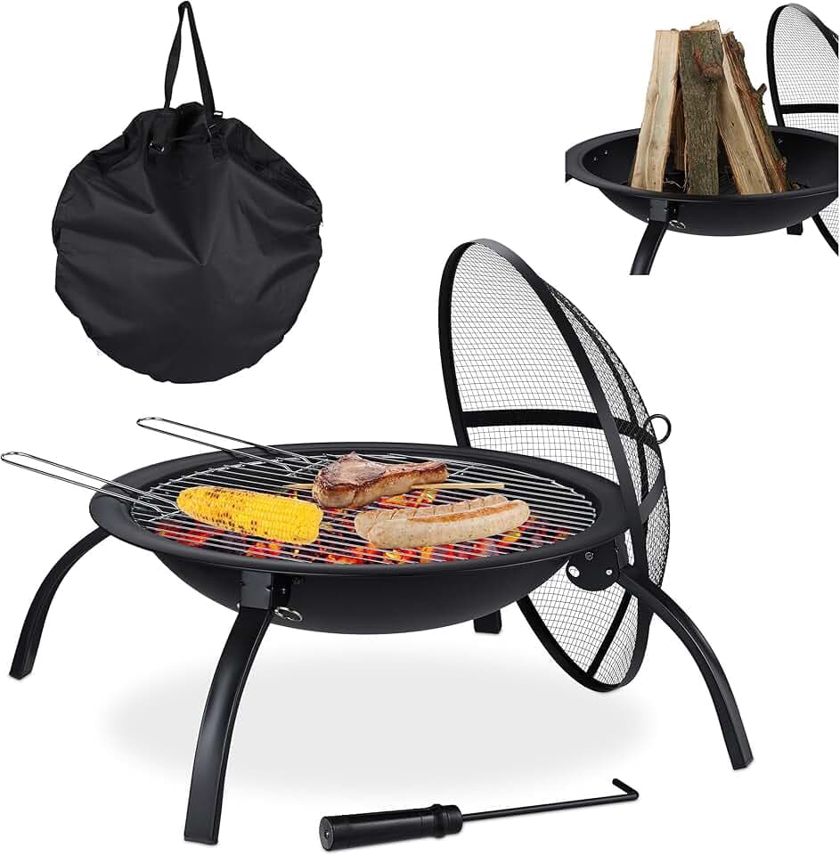 Relaxdays Braciere XL, con Custodia, Graticola, Attizzatoio, Coperchio Parascintille, Giardino, Terrazza, ∅56,5 cm, Nero