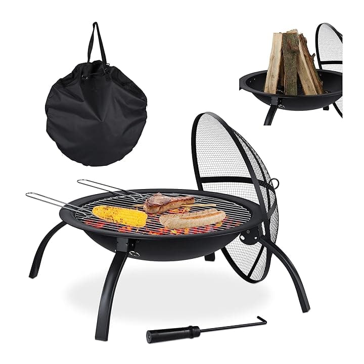 Relaxdays Braciere XL, con Custodia, Graticola, Attizzatoio, Coperchio Parascintille, Giardino, Terrazza, ∅56,5 cm, Nero
