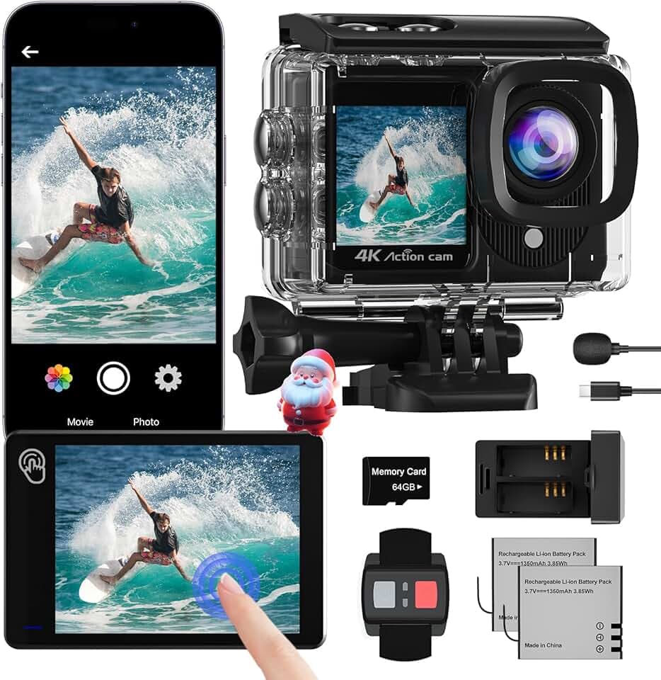Action Cam 4K a Doppio Schermo, 48MP WIFI Videocmera con Scheda SD da 64GB,131ft Fotocamera Subacquea, 170° Telecamera Moto con Telecomando, Microfono, 2 Batterie,Accessori Multifunzione.
