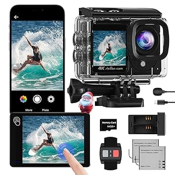 Action Cam 4K a Doppio Schermo, 48MP WIFI Videocmera con Scheda SD da 64GB,131ft Fotocamera Subacquea, 170° Telecamera Moto con Telecomando, Microfono, 2 Batterie,Accessori Multifunzione.