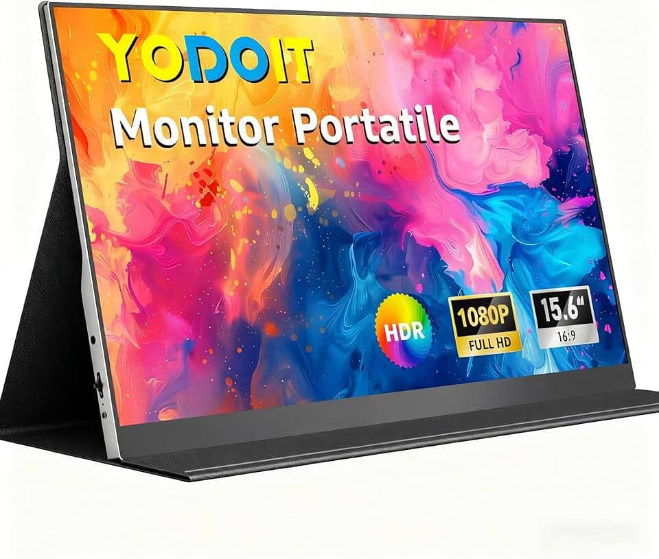 Yodoit Monitor Portatile 15,6" Display IPS FHD 1920x1080P | Secondo Schermo Esterno per laptop con Connettività USB-C e HDMI, con Altoparlanti e Custodia, per PC, Mac, PS3/4/5, Xbox Etichetta Energetica