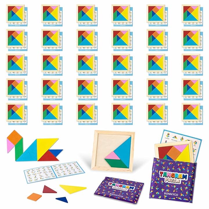BONNYCO Tangram Legno Bambini Pack 30 Gadget Compleanno Bambini. Mini Giochi Regalini Fine Festa Compleanno, Regalino Fine Festa Invitati. Persierini Giochini per Feste, Mini Puzzle Gadget Scuola