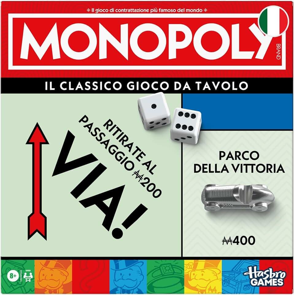 Hasbro Gaming, Monopoly, Gioco da Tavolo, Ideale per Famiglia e Amici, per Bambini e Bambine da 8 Anni in Su, Include Vaschetta Contenitore e Pedine Più Grandi, per 2-6 Giocatori, in Italiano