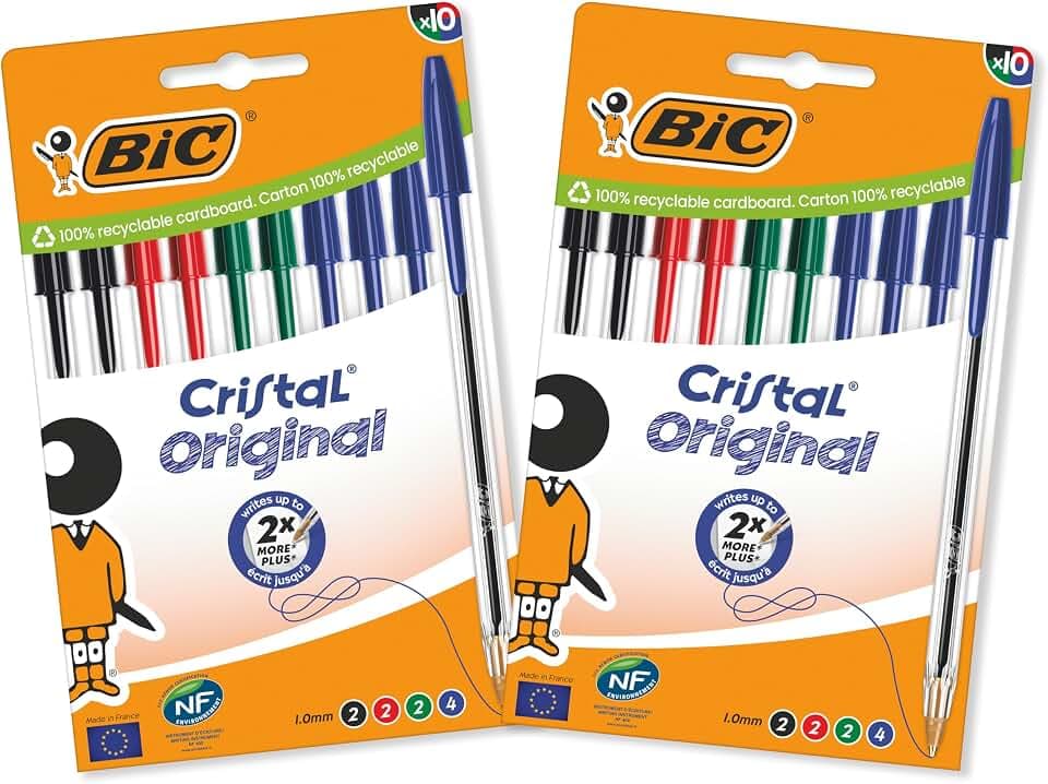 BIC Cristal Original, Penne a Sfera, Inchiostri Blu, Nero, Verde e Rosso, Punta Media (1.0 mm), Confezione 20 Penne Economiche, Cancelleria Scuola e Ufficio