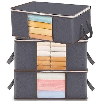 Lifewit Scatole per Vestiti, Scatola per Armadio Pieghevole, Contenitori Sottoletto, Scatoloni Trasloco per Coperte, Biancheria da Letto, Grigio, 35 L, 3 Pezzi Recycled Claim Standard 100