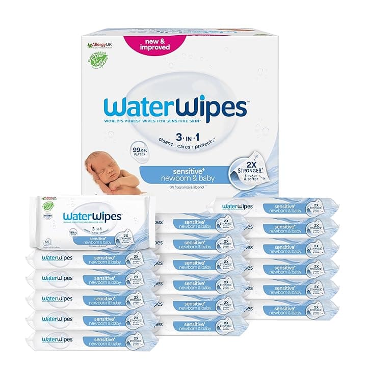 WaterWipes Sensitive+ Newborn & Baby Wipes, Salviettine per Neonati e Bambini, 720 Pezzi (12 Confezioni), Deterge, Cura, Protegge, 99,9% Acqua, Senza Profumo OEKO-TEX STANDARD 100