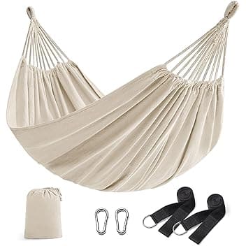 SONGMICS Amaca, 210 x 150 cm, Amaca Doppia, Max Portata 300 kg, per Giardino Terrazzo Balcone Esterno Campeggio, con Borsa da Trasporto, Cinghie di Fissaggio e Moschettoni, Beige GDC15M