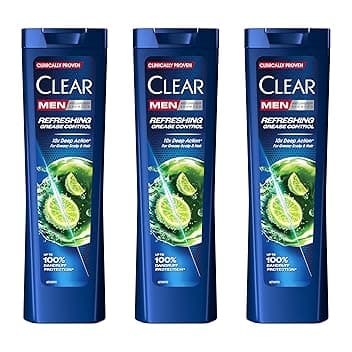 Clear Men Shampoo Uomo Refreshing Grease Control, Per Capelli Grassi, Azione Anti-Forfora e Anti-Sebo, Fino al 100% di Protezione dalla Forfora, Con Niacinamide, 3x 225ml