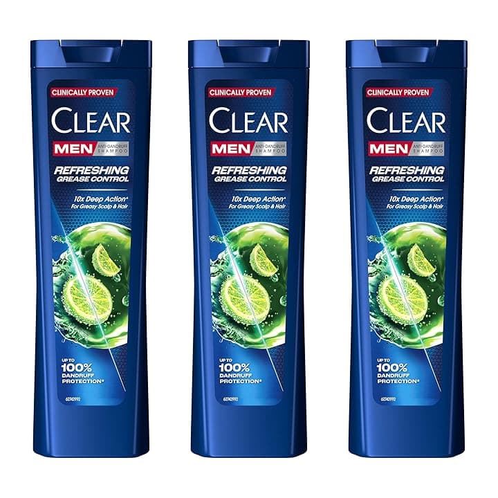 Clear Men Shampoo Uomo Refreshing Grease Control, Per Capelli Grassi, Azione Anti-Forfora e Anti-Sebo, Fino al 100% di Protezione dalla Forfora, Con Niacinamide, 3x 225ml