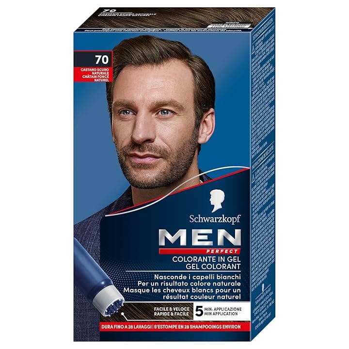 Schwarzkopf, Men Perfect, Tinta Colorante in Gel, Copertura dei Capelli Bianchi, Risultato Effetto Naturale, Dura Fino a 28 Shampoo, Tonalità 70 Castano Scuro Naturale