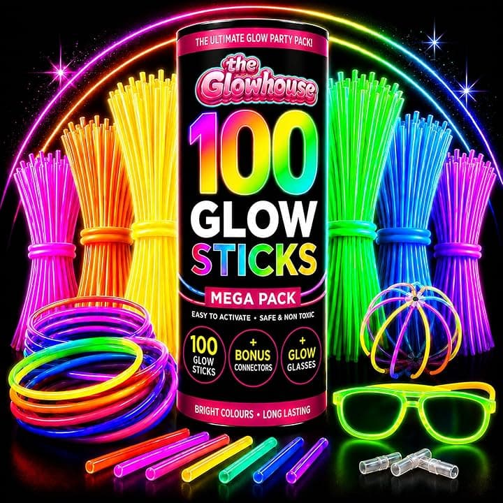 The Glowhouse - Braccialetti Luminosi Starlight di qualità premium 100 Luminose Fluorescenti Colori Misti - Set da 206 pezzi con connettori, per Halloween, Feste e Carnevale per Bambini e Adulti