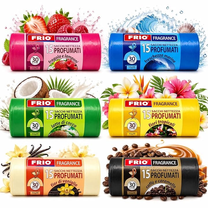 FRIO Multifrutti - 90 Sacchetti spazzatura 30 Litri Profumati, 6 Confezioni da 15 Sacchi immondizia con 6 aromi e colori assortiti - 52x58 cm - Buste per pattumiera resistenti, piccoli, differenziata
