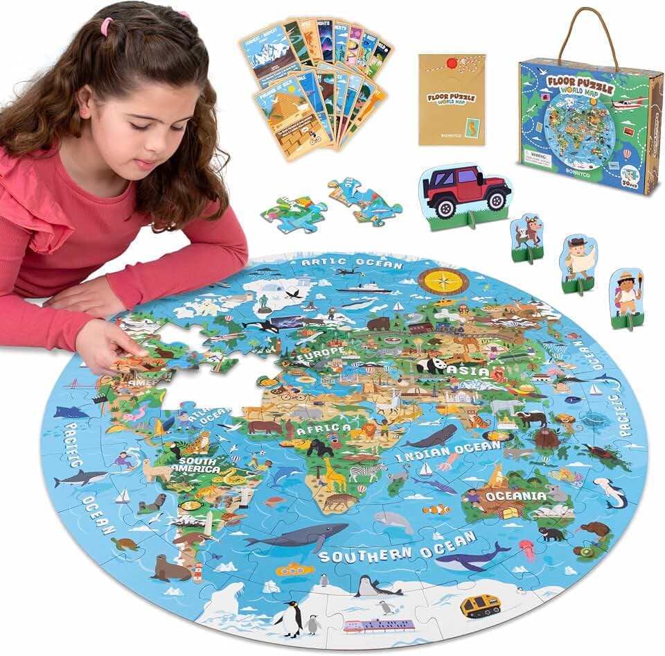 BONNYCO Puzzle Bambini XXL Mappamondo da 70 Pezzi Grandi con Animali