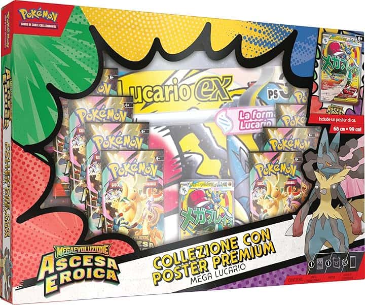 Pokémon: collezione con poster premium Mega Lucario dell’espansione Megaevoluzione - Ascesa Eroica del GCC Pokémon (una carta promozionale olografica, un poster fronte-retro e 10 buste di espansione)