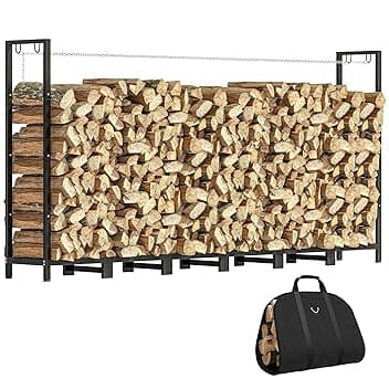 Outsunny Legnaia da Esterno in Acciaio, Portalegna da Esterno con Borsa Portalegna da Trasporto, Struttura Regolabile e Catene in Metallo, Porta Legna Rialzato, 0.8m³, 235x31x116 cm, Nero